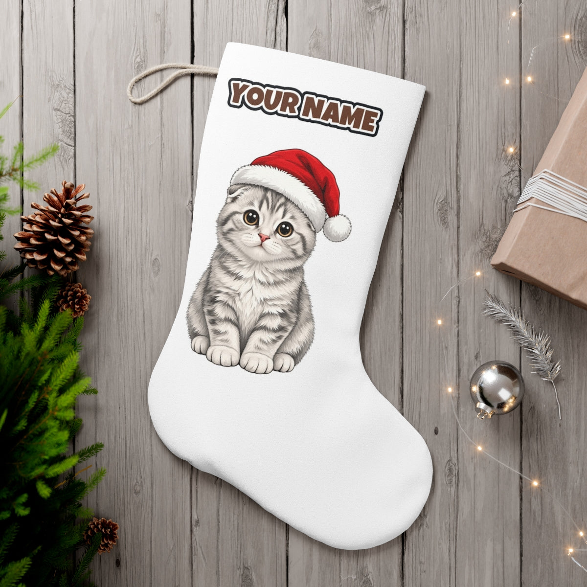 Scottish Fold personalised Christmas stocking, white, with the name across the top