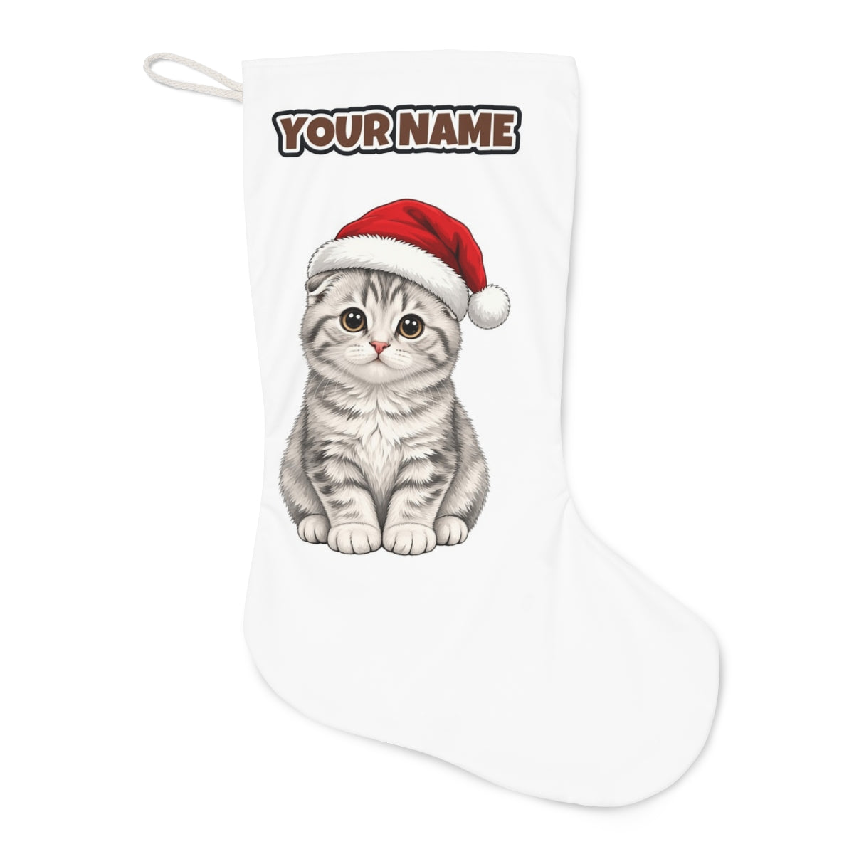 Scottish Fold Christmas stocking laid flat, showing the full print