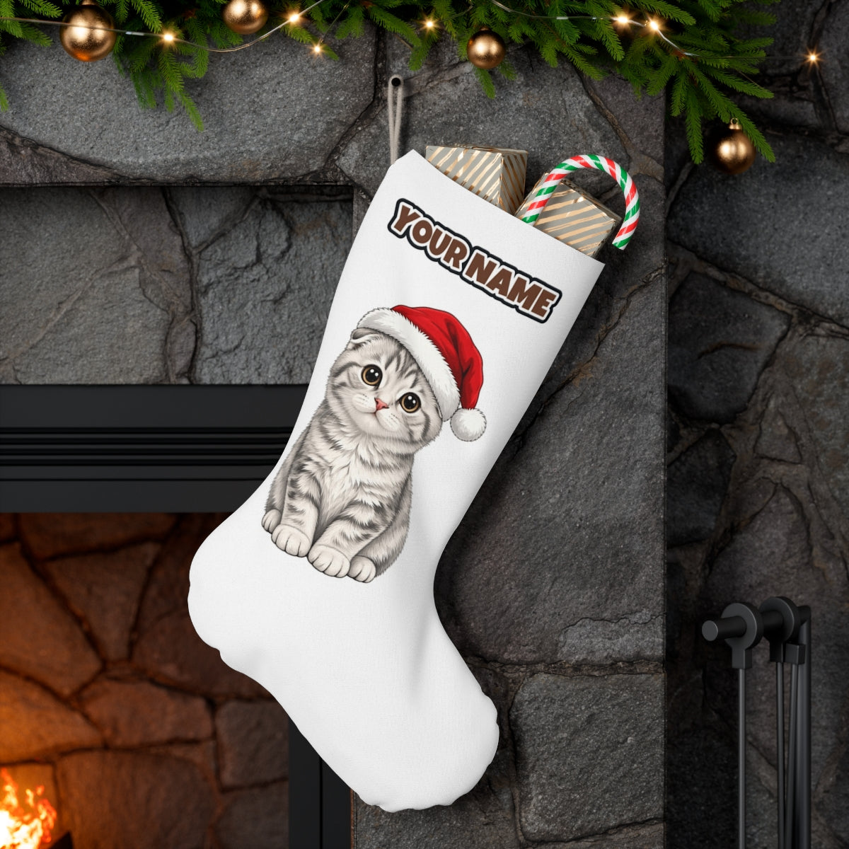 Scottish Fold personalised Christmas stocking hanging on a mantel