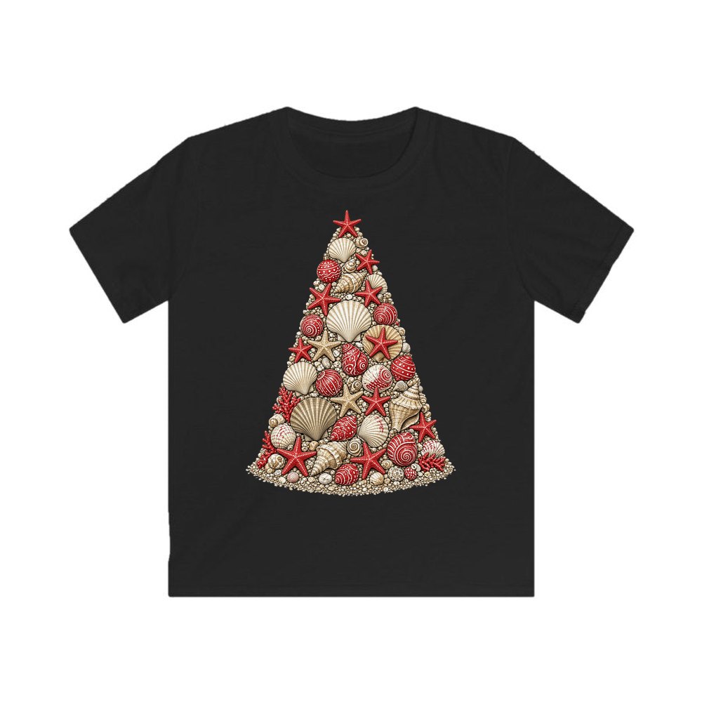 Seashell Christmas Tree personalised kids Christmas tee in black