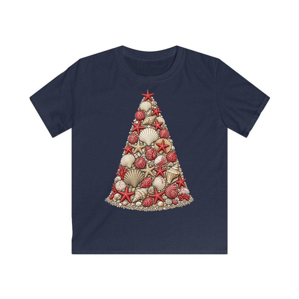 Seashell Christmas Tree personalised kids Christmas tee in navy