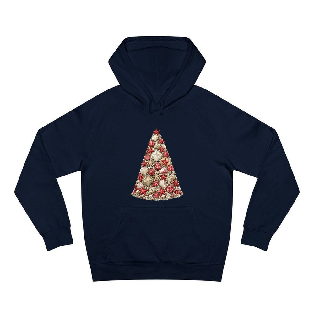 Seashell Christmas Tree personalised Christmas hoodie in navy