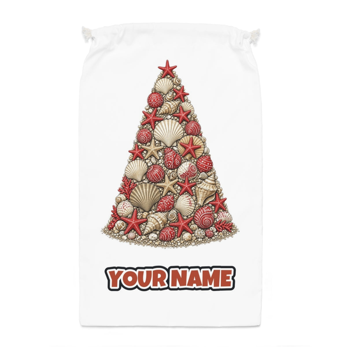 Seashell Christmas Tree Santa sack laid flat, showing the full print
