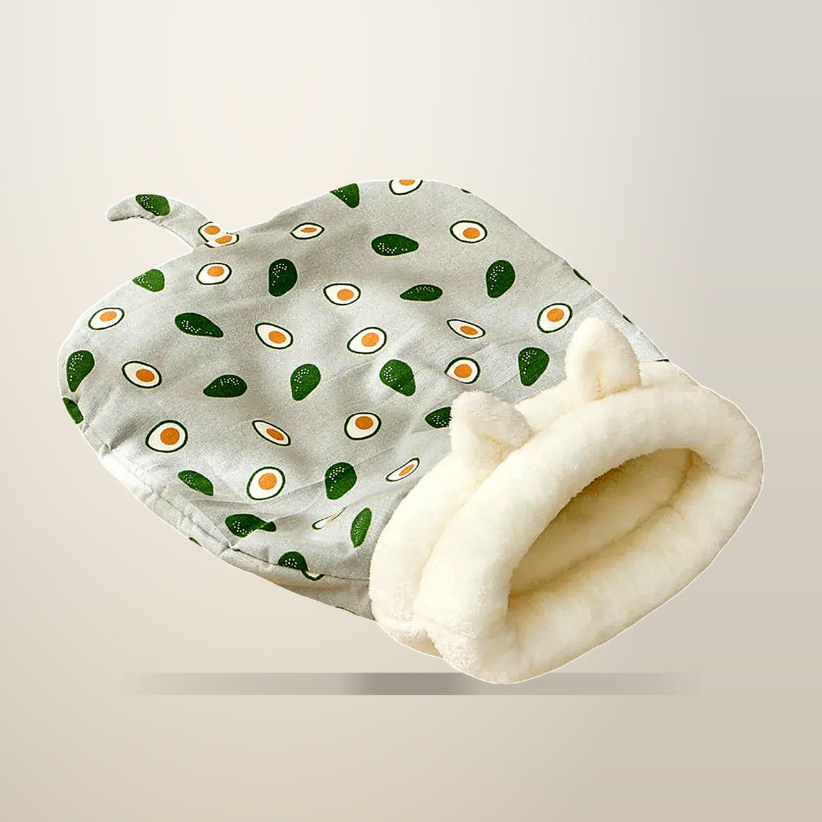 Semi Enclosed Cat Sleeping Bag, Fish or Avocado, on a plain cream background