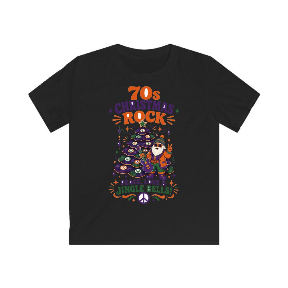 Seventies Christmas Rock Santa personalised kids Christmas tee in black