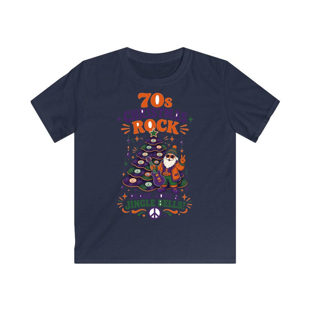 Seventies Christmas Rock Santa personalised kids Christmas tee in navy