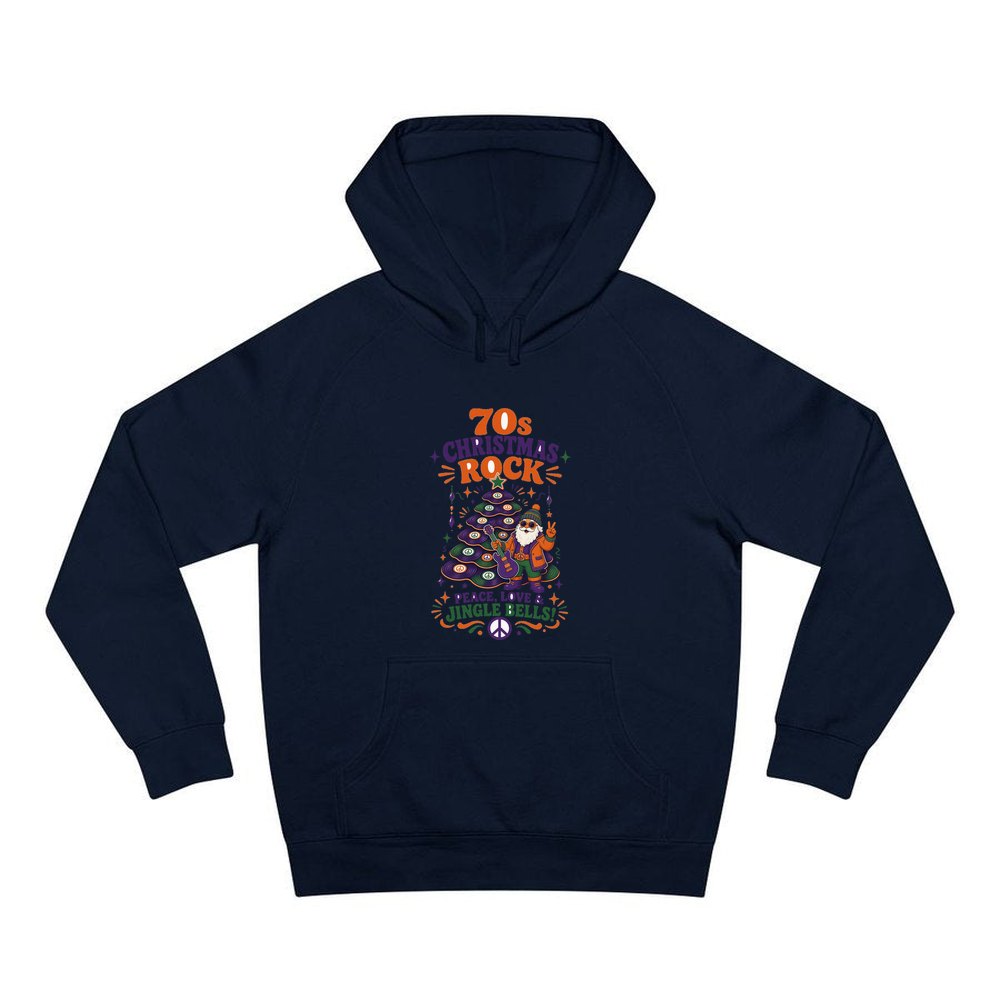Seventies Christmas Rock Santa personalised Christmas hoodie in navy