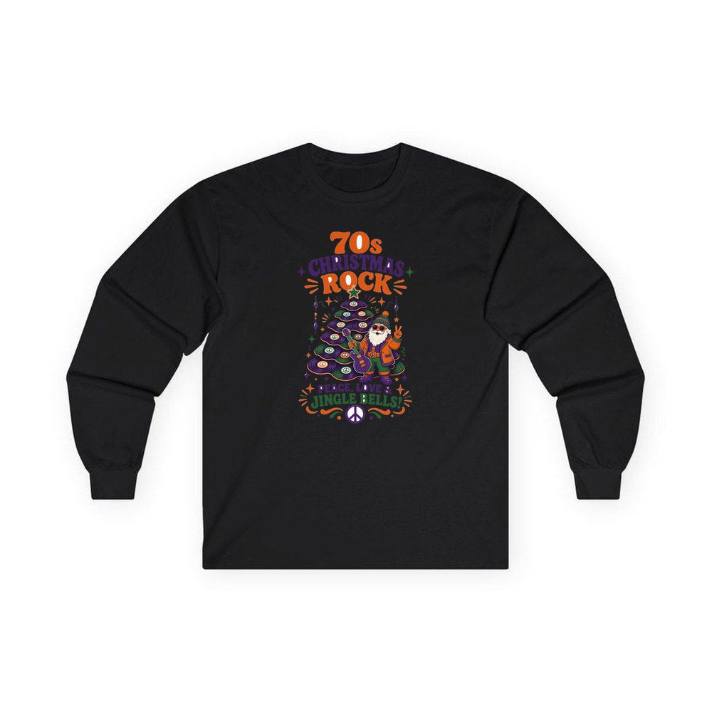 Seventies Christmas Rock Santa personalised long sleeve Christmas T-shirt in black