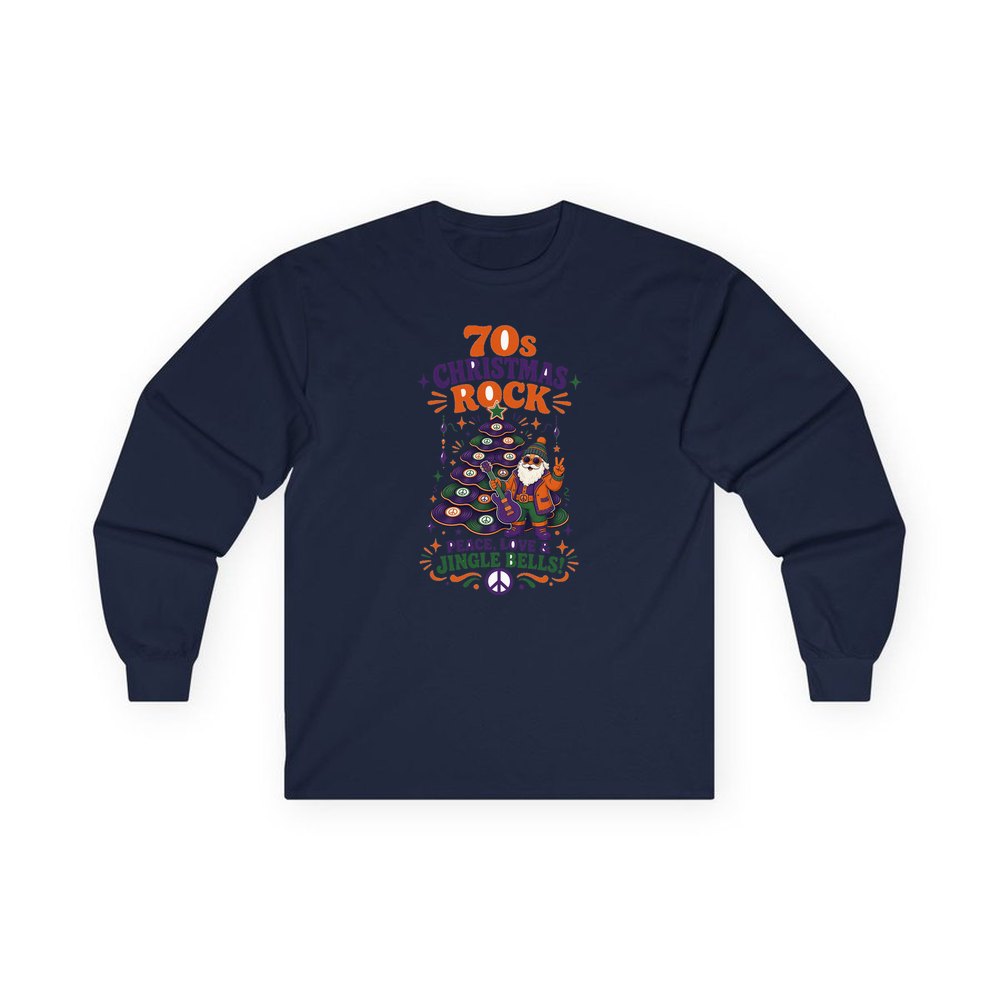 Seventies Christmas Rock Santa personalised long sleeve Christmas T-shirt in navy