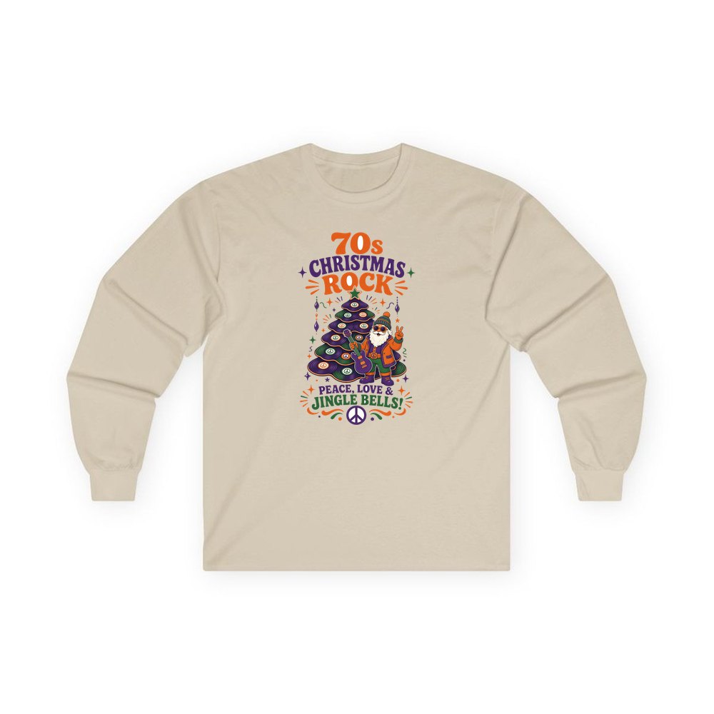Seventies Christmas Rock Santa personalised long sleeve Christmas T-shirt in sand