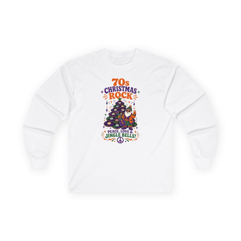 Seventies Christmas Rock Santa personalised long sleeve Christmas T-shirt in white