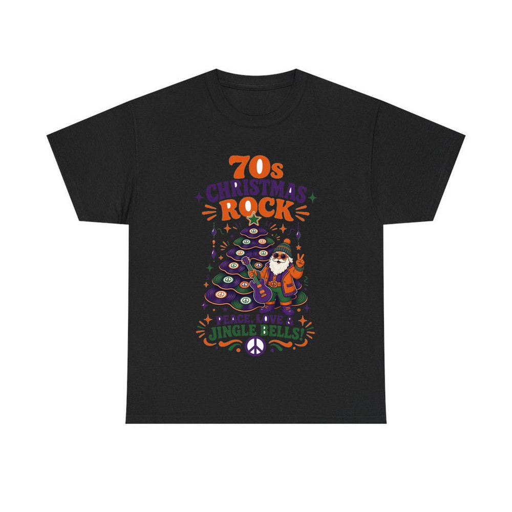 Seventies Christmas Rock Santa personalised Christmas T-shirt in black