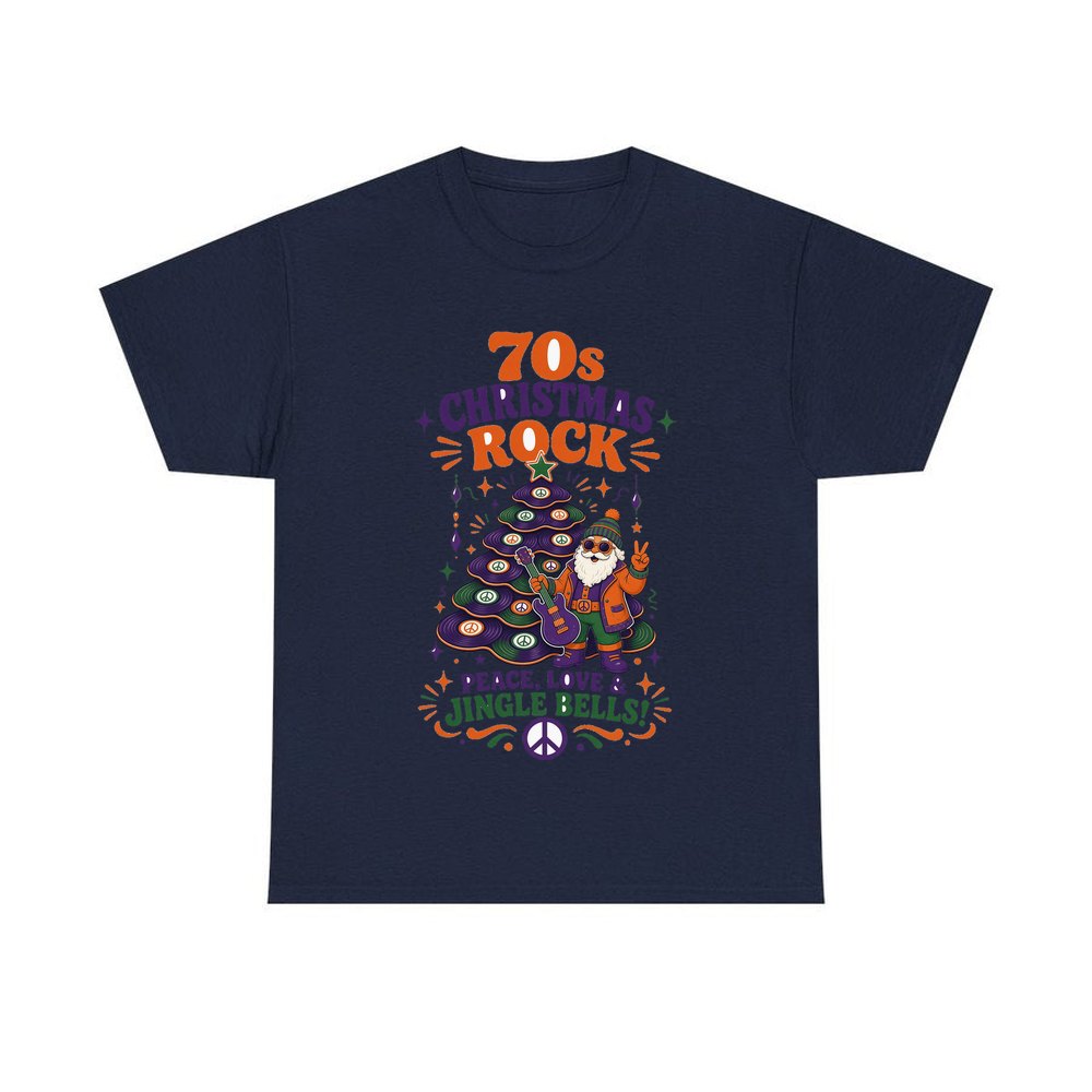Seventies Christmas Rock Santa personalised Christmas T-shirt in navy