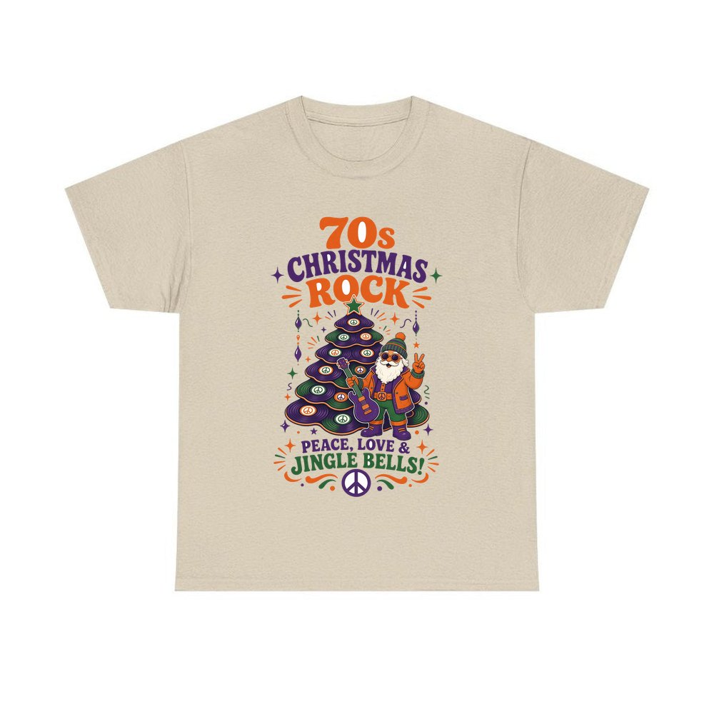 Seventies Christmas Rock Santa personalised Christmas T-shirt in sand