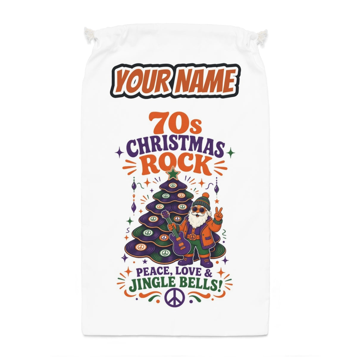 Seventies Christmas Rock Santa Santa sack laid flat, showing the full print