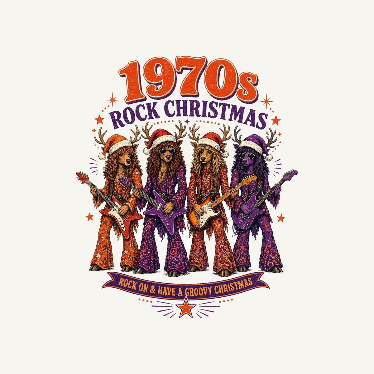 Seventies Reindeer Rock Band Personalised Kids and Baby Christmas Tee