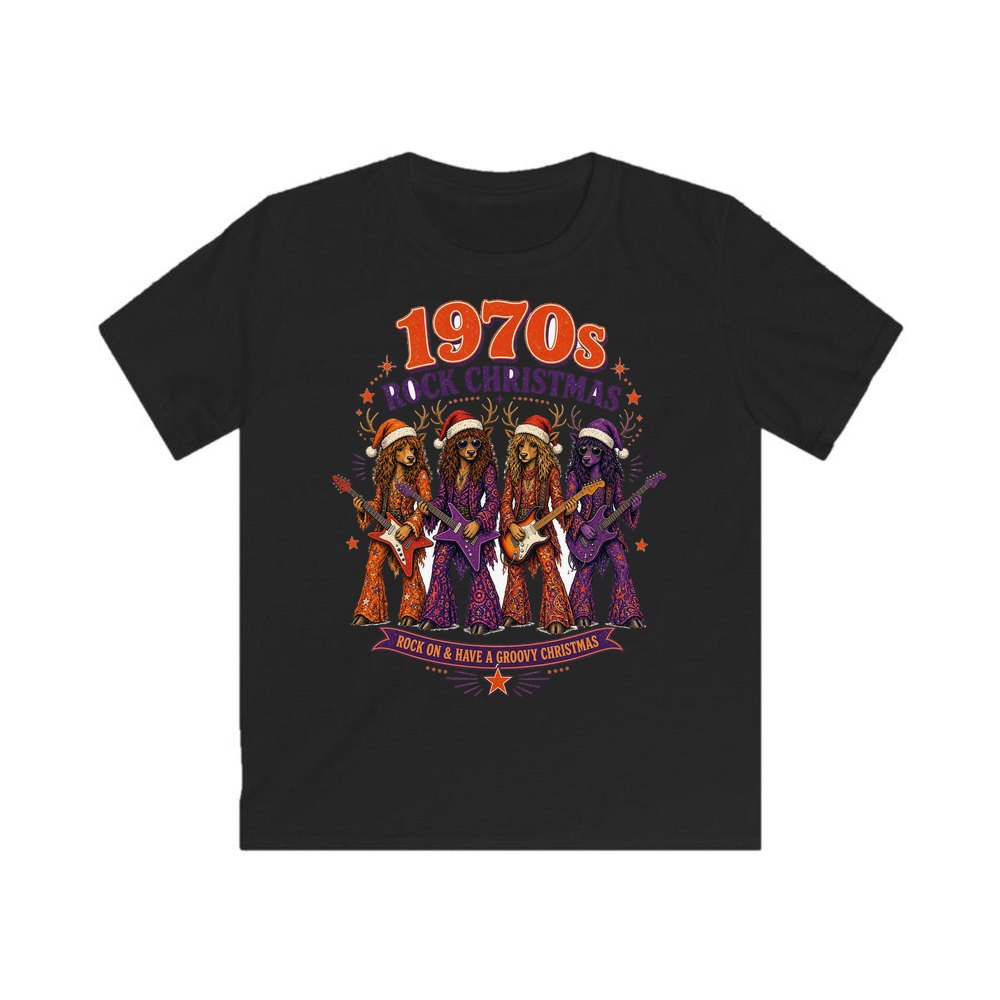 Seventies Reindeer Rock Band personalised kids Christmas tee in black