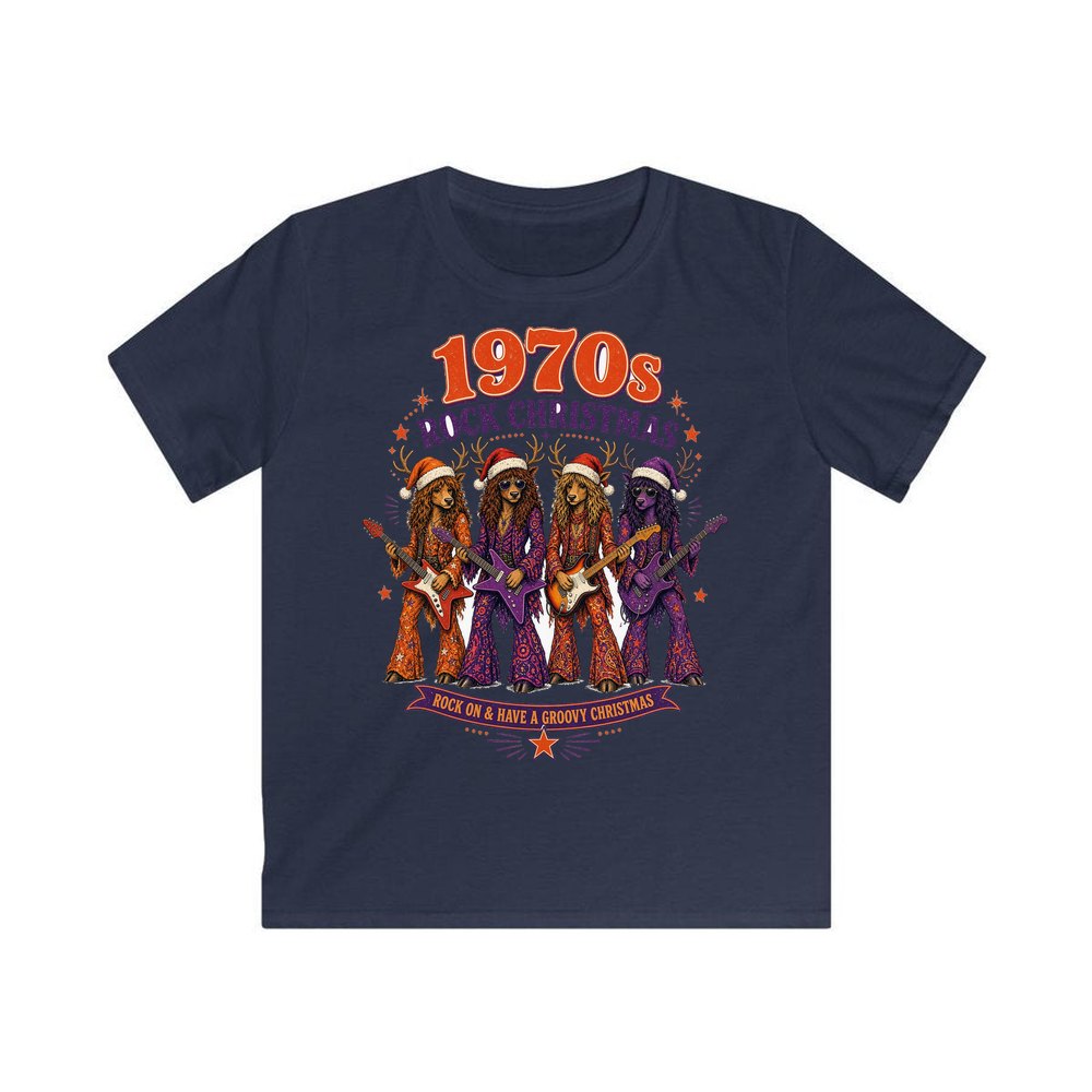 Seventies Reindeer Rock Band personalised kids Christmas tee in navy