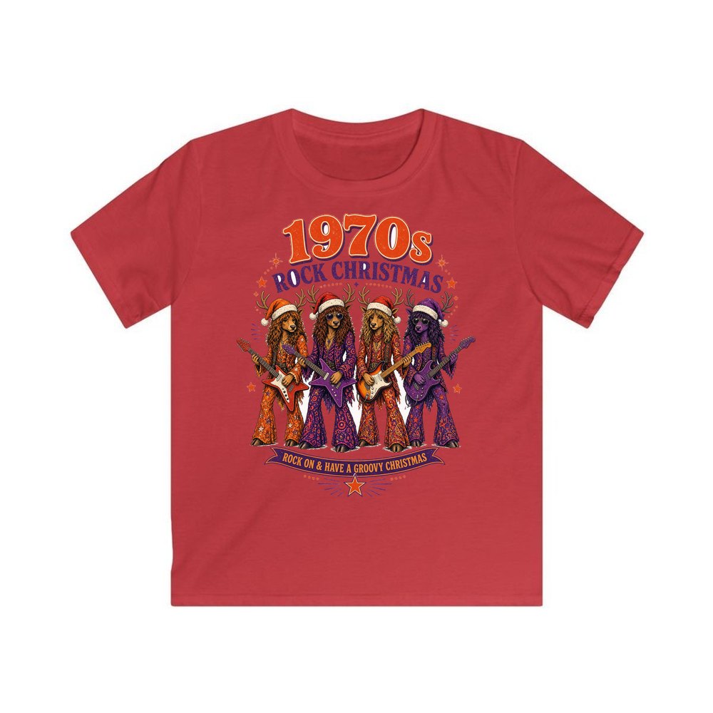 Seventies Reindeer Rock Band personalised kids Christmas tee in red