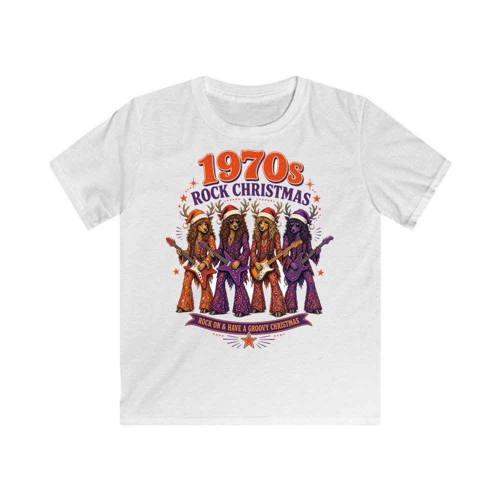 Seventies Reindeer Rock Band personalised kids Christmas tee in white