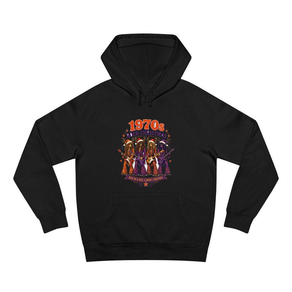 Seventies Reindeer Rock Band personalised Christmas hoodie in black
