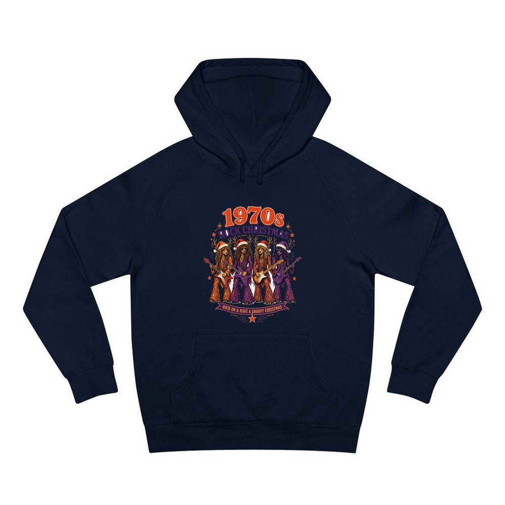 Seventies Reindeer Rock Band personalised Christmas hoodie in navy