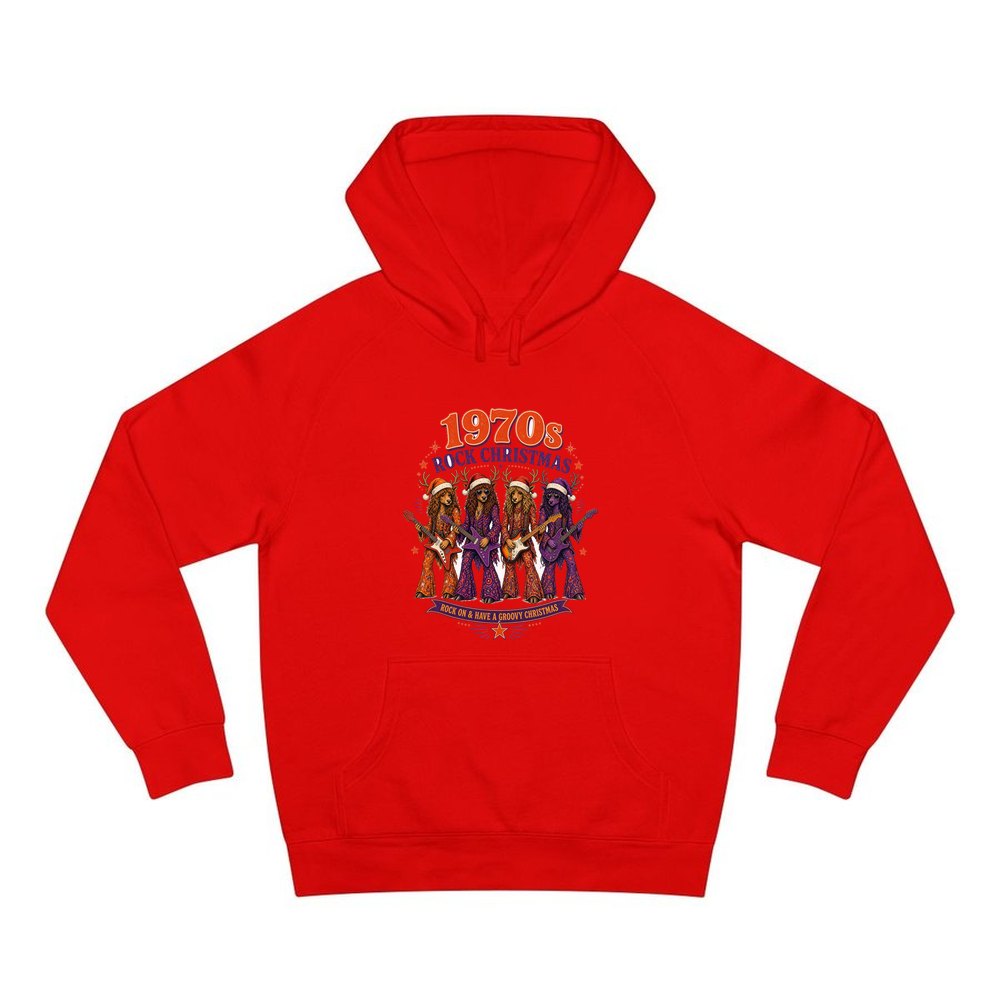 Seventies Reindeer Rock Band personalised Christmas hoodie in red