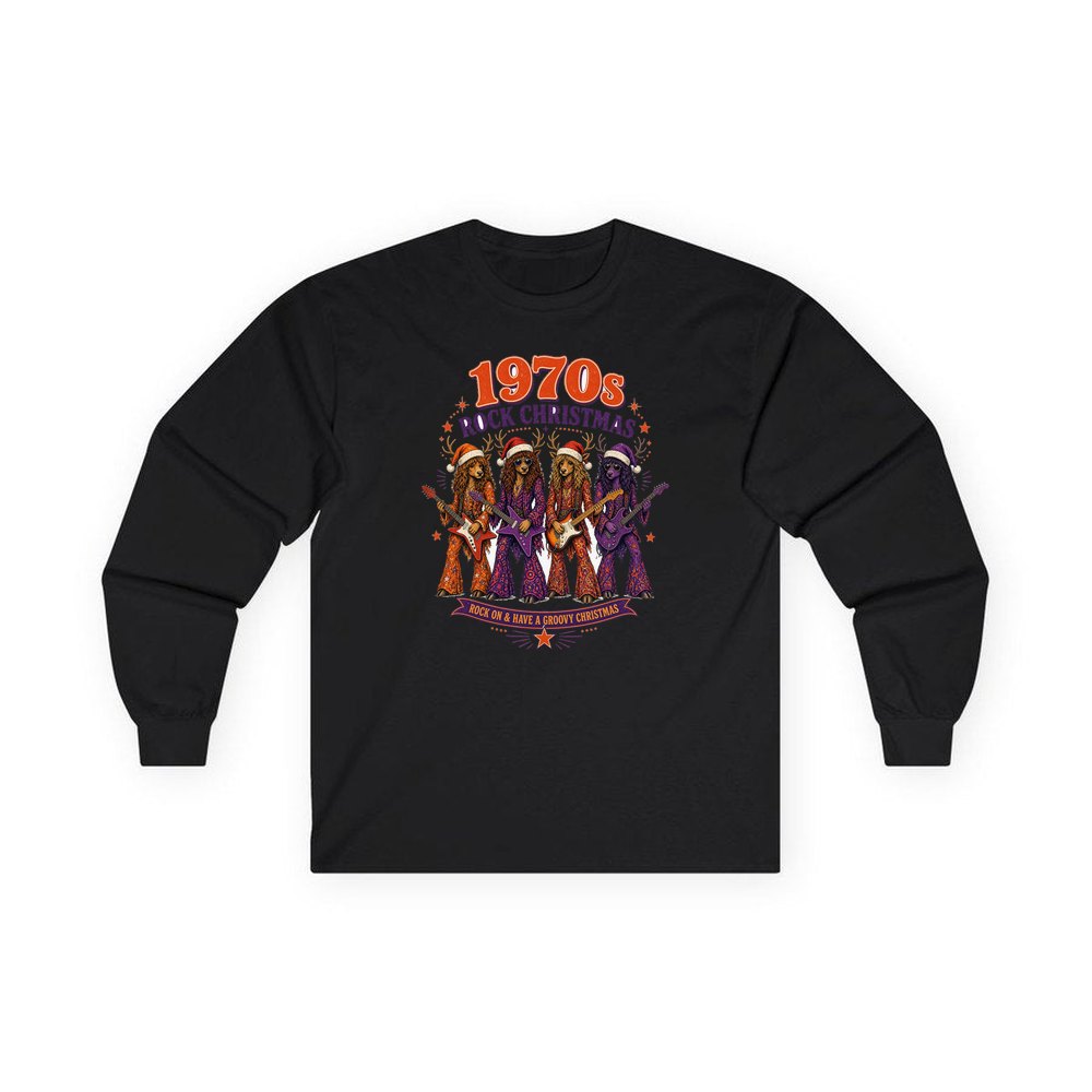 Seventies Reindeer Rock Band personalised long sleeve Christmas T-shirt in black