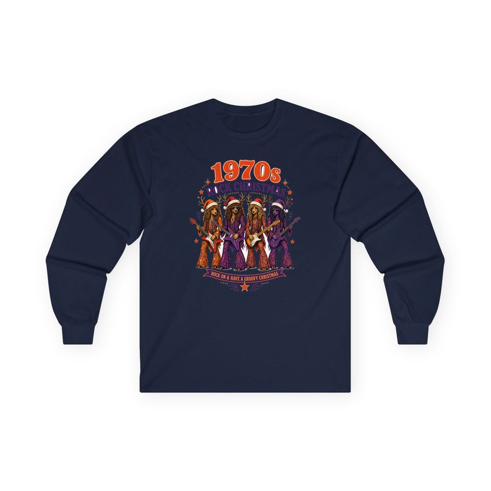 Seventies Reindeer Rock Band personalised long sleeve Christmas T-shirt in navy