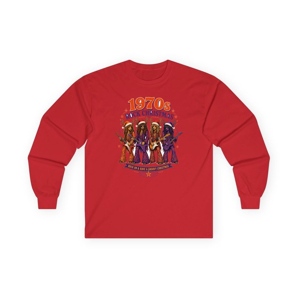 Seventies Reindeer Rock Band personalised long sleeve Christmas T-shirt in red