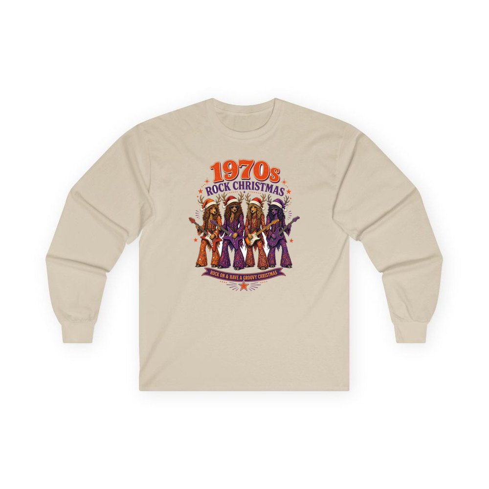 Seventies Reindeer Rock Band personalised long sleeve Christmas T-shirt in sand