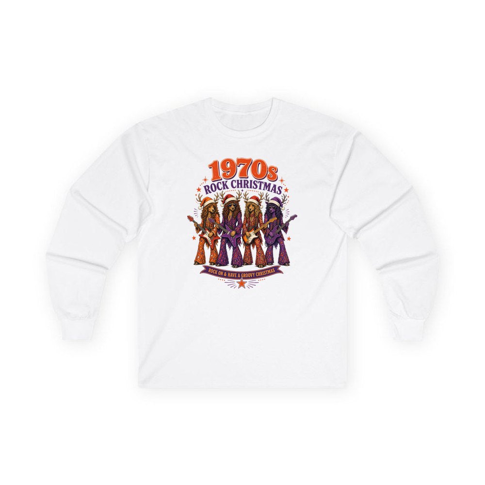 Seventies Reindeer Rock Band personalised long sleeve Christmas T-shirt in white