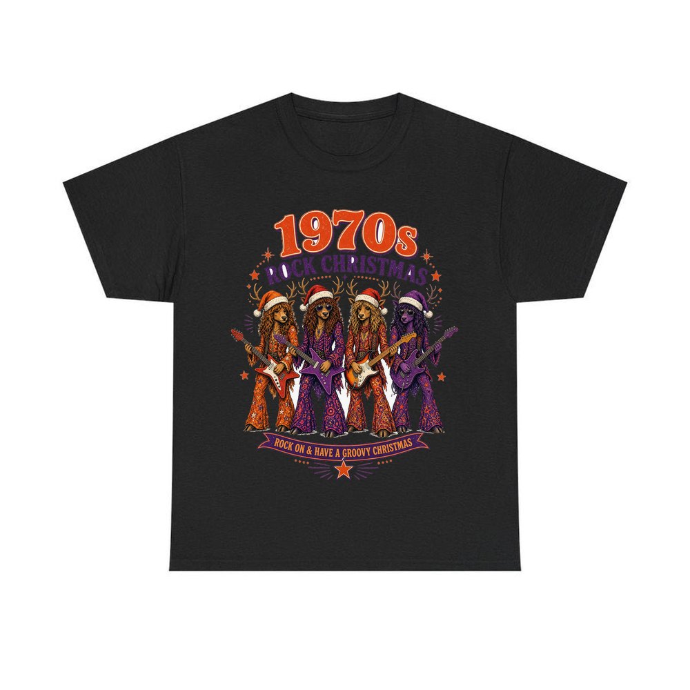 Seventies Reindeer Rock Band personalised Christmas T-shirt in black