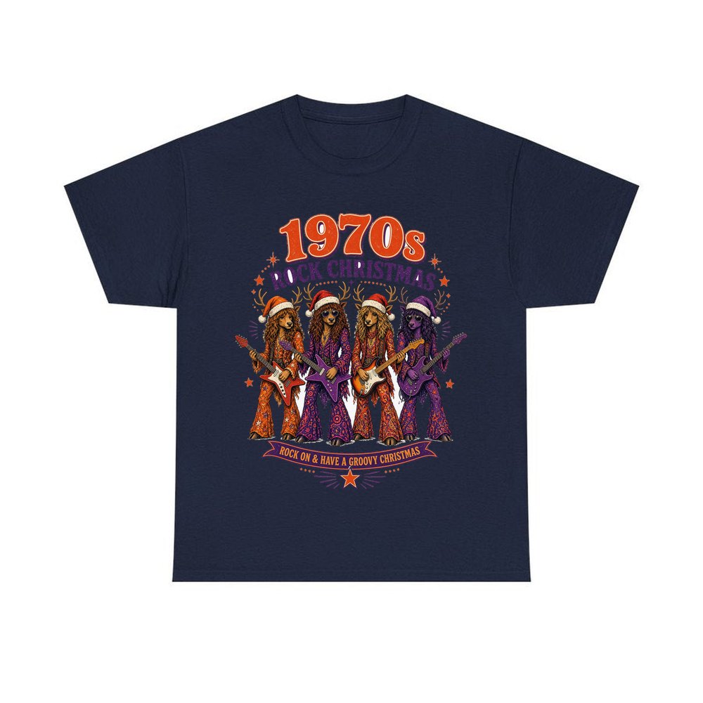 Seventies Reindeer Rock Band personalised Christmas T-shirt in navy