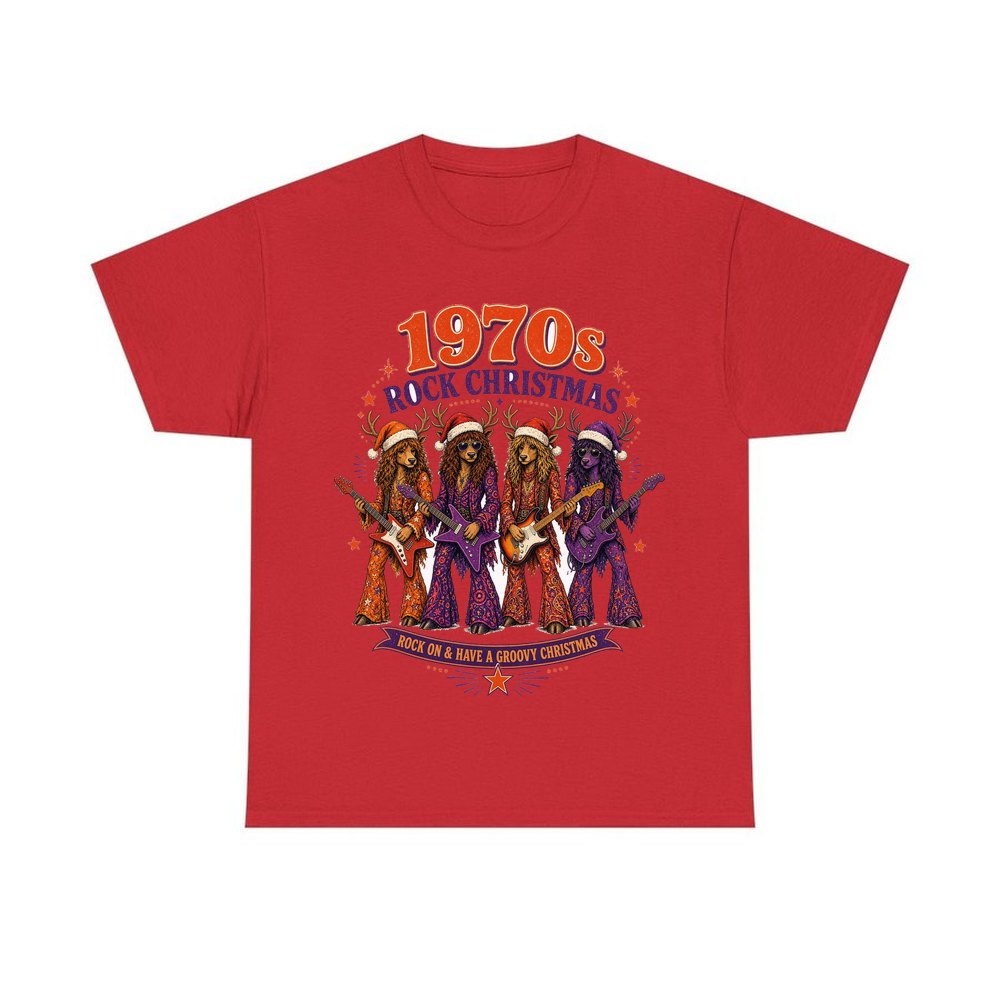Seventies Reindeer Rock Band personalised Christmas T-shirt in red
