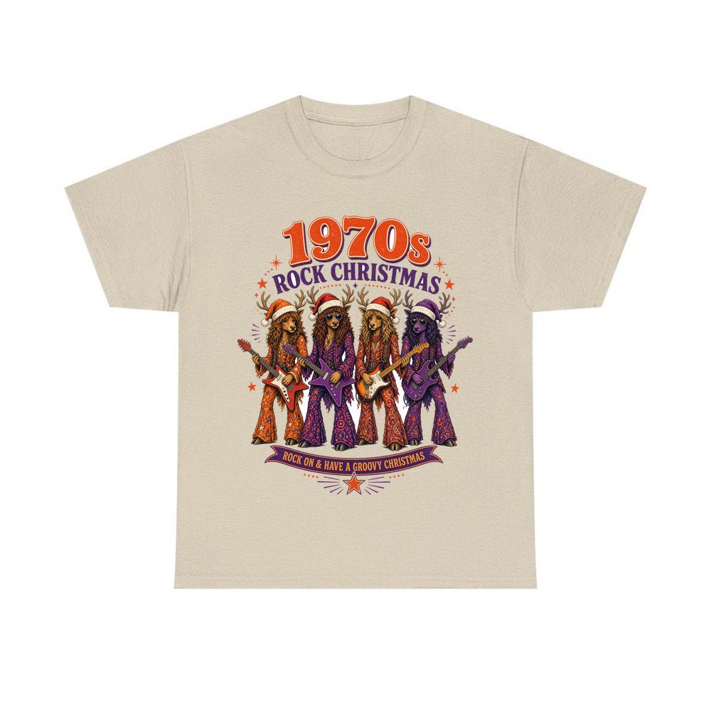 Seventies Reindeer Rock Band personalised Christmas T-shirt in sand