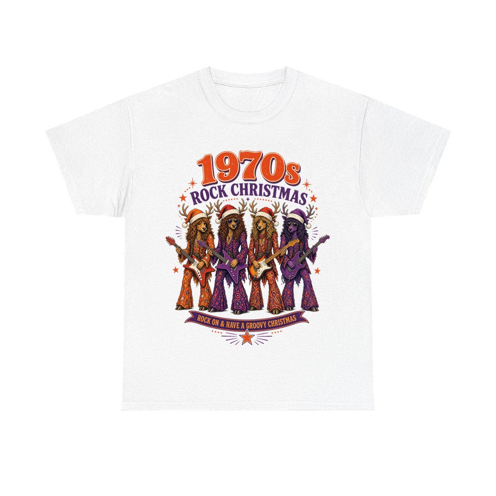 Seventies Reindeer Rock Band personalised Christmas T-shirt in white