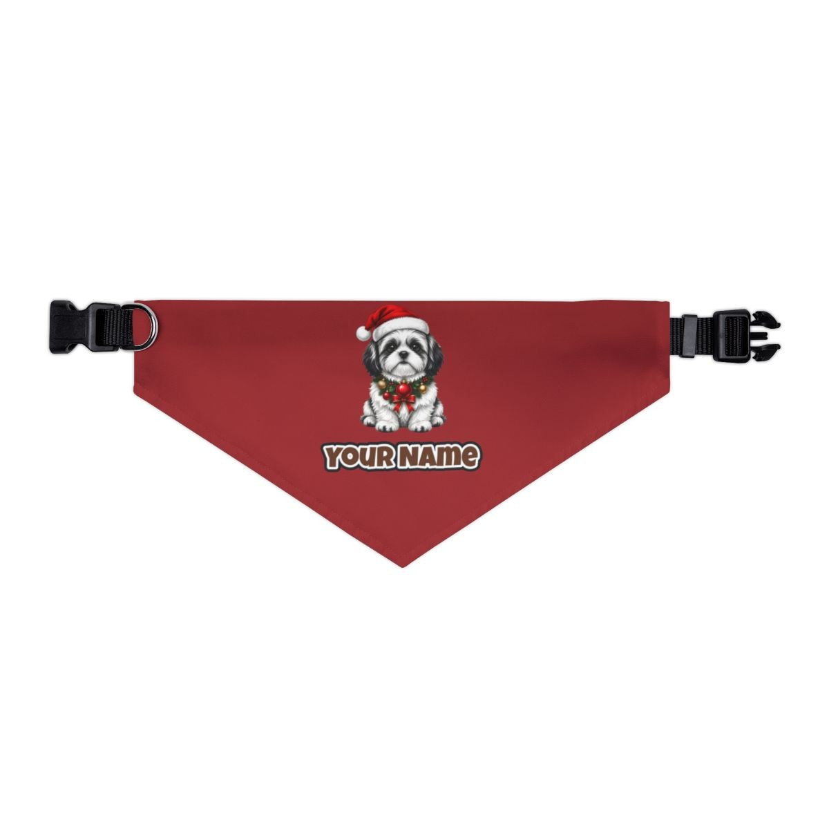 Shih Tzu personalised Christmas pet bandana in red, collar with buckle