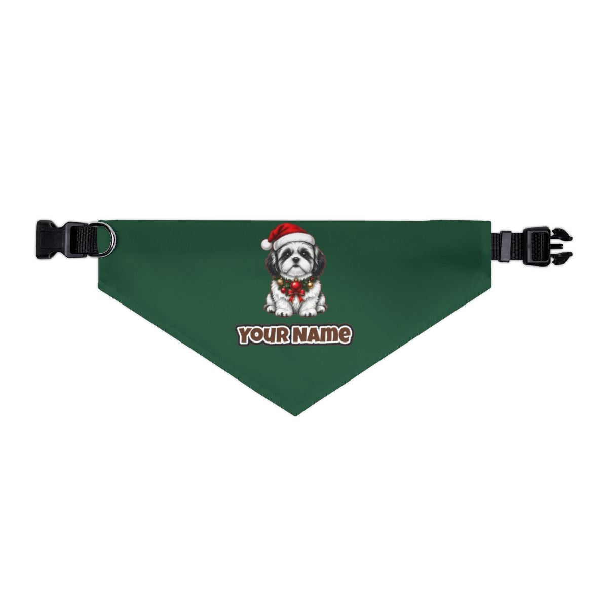 Shih Tzu personalised Christmas pet bandana in green, collar with buckle