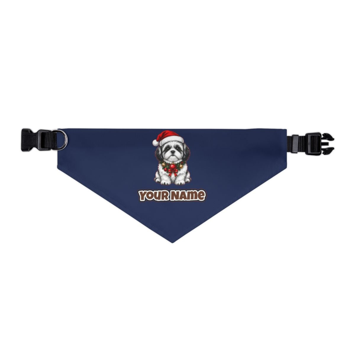 Shih Tzu personalised Christmas pet bandana in navy, collar with buckle
