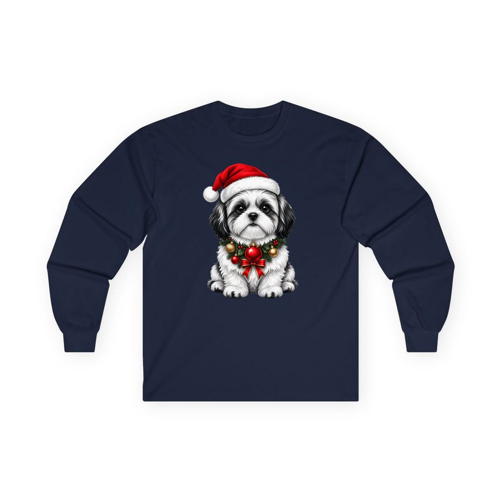 Shih Tzu personalised long sleeve Christmas T-shirt in navy