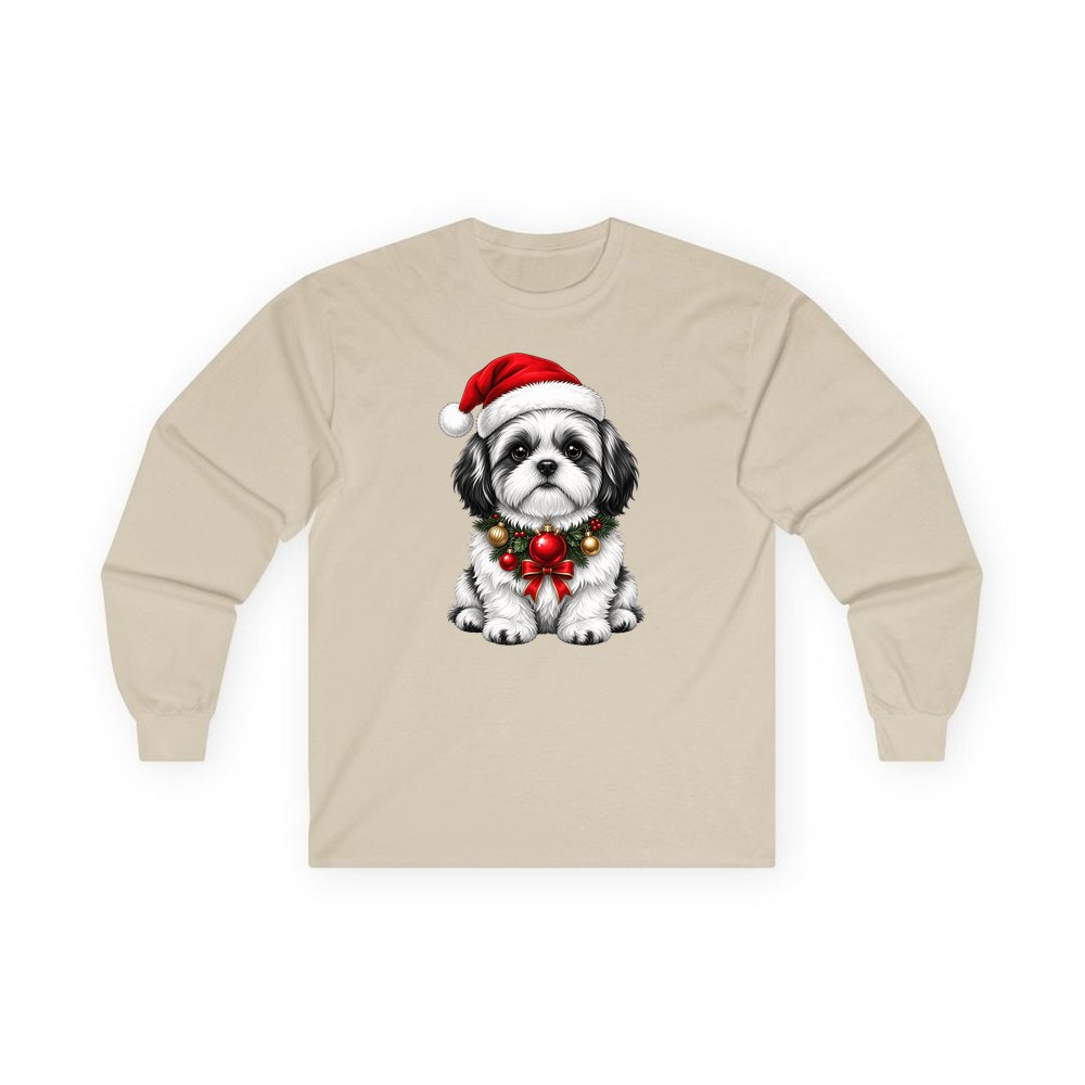 Shih Tzu personalised long sleeve Christmas T-shirt in sand