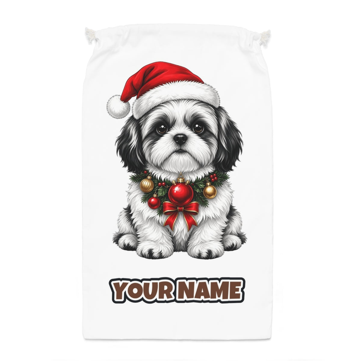 Shih Tzu Santa sack laid flat, showing the full print