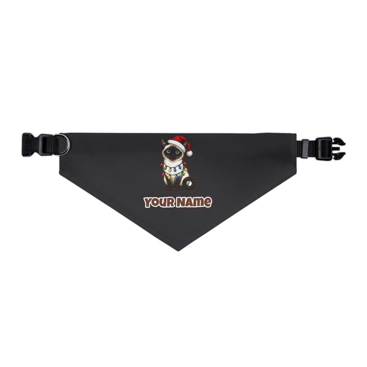 Siamese in Christmas Lights personalised Christmas pet bandana in black, collar with buckle
