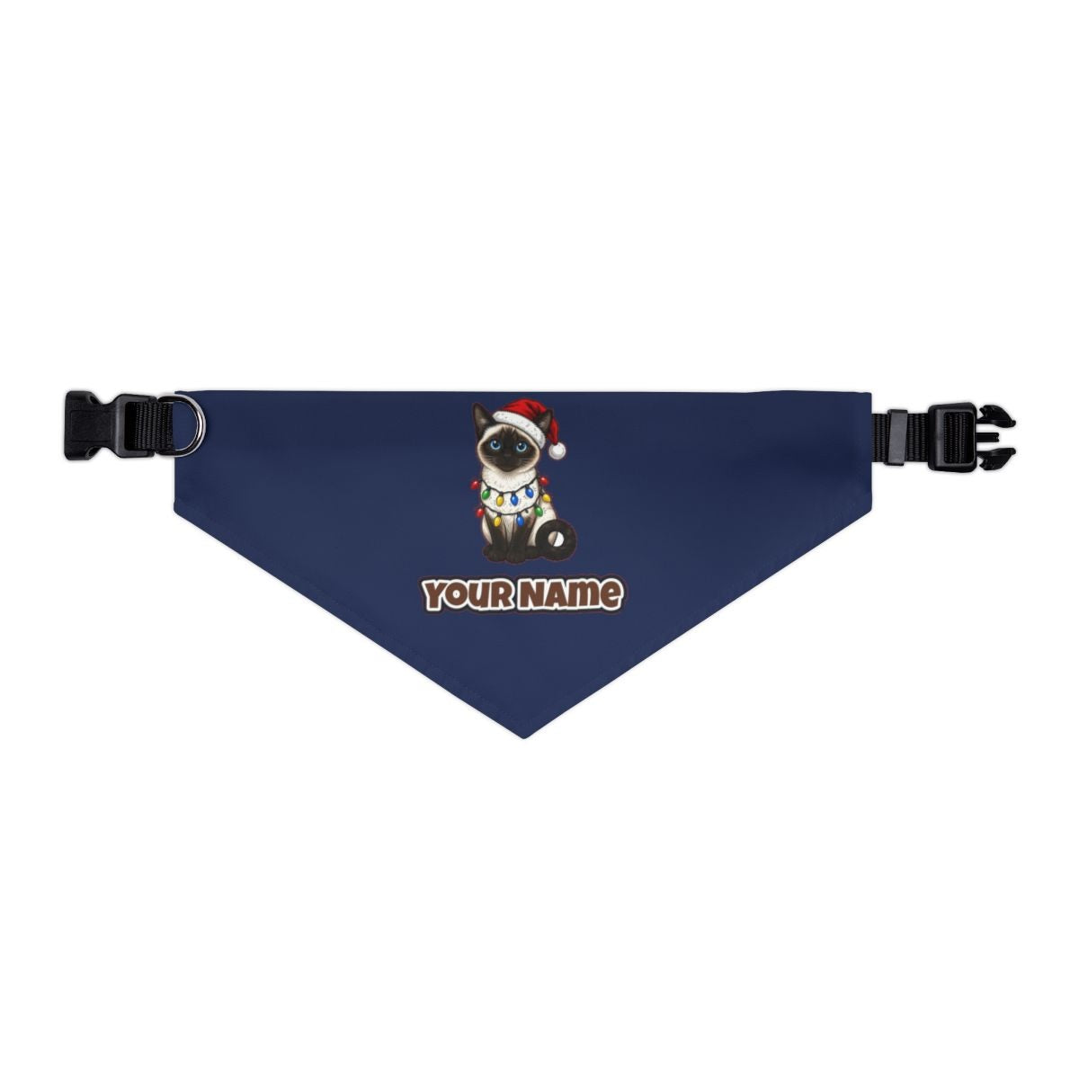 Siamese in Christmas Lights personalised Christmas pet bandana in navy, collar with buckle