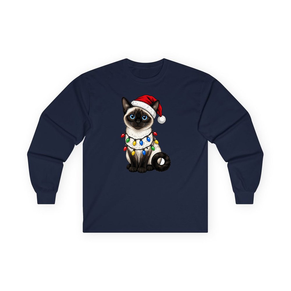 Siamese in Christmas Lights personalised long sleeve Christmas T-shirt in navy