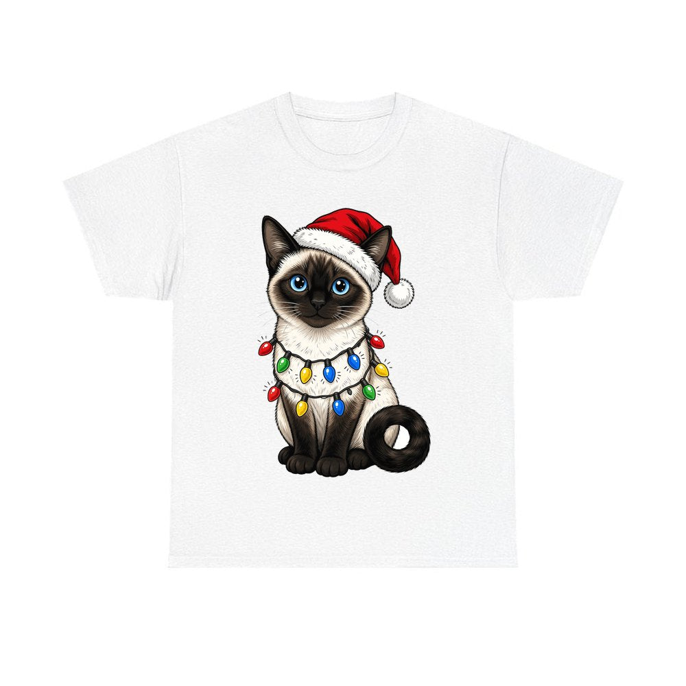 Siamese In Christmas Lights design on a white tee