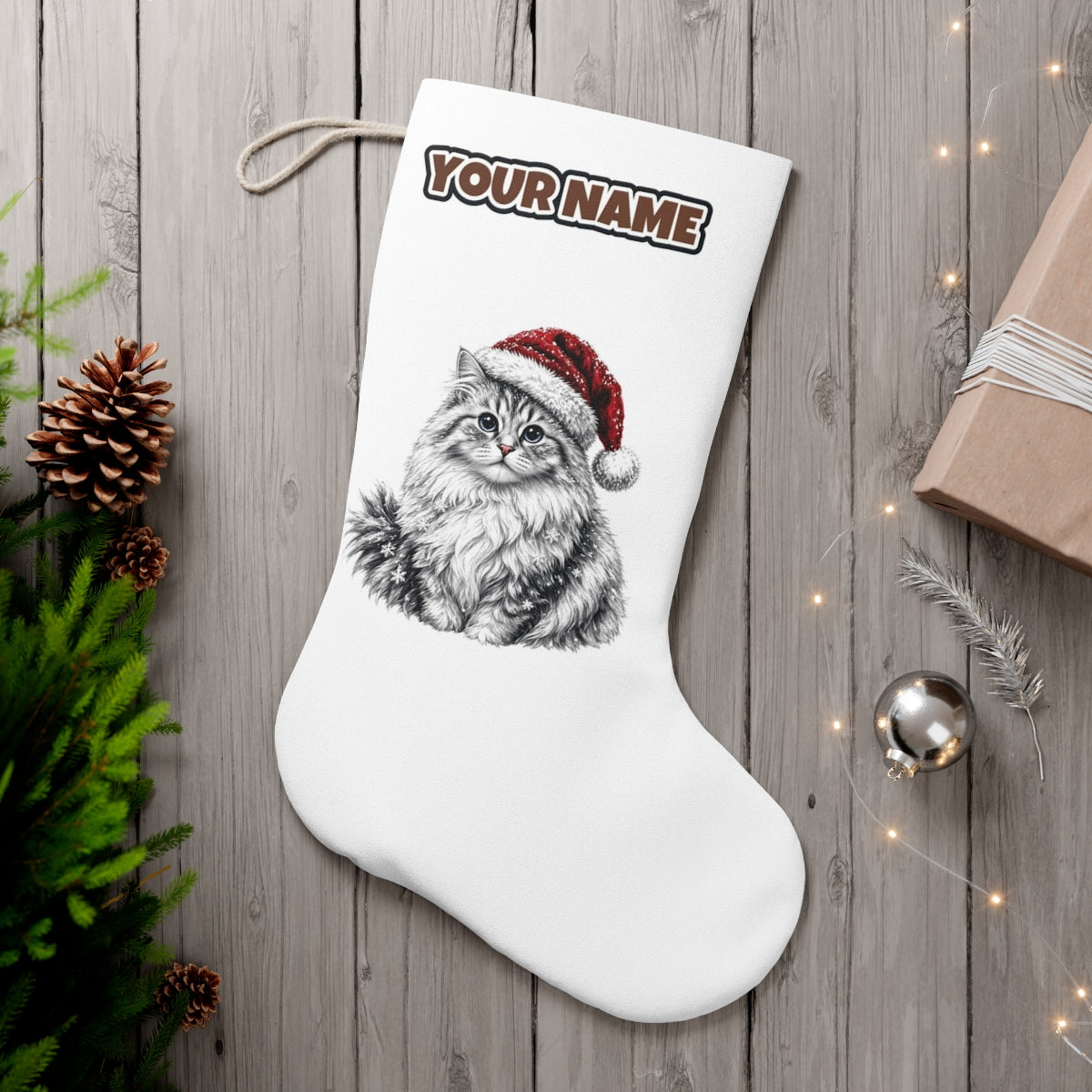 Siberian Cat personalised Christmas stocking, white, with the name across the top
