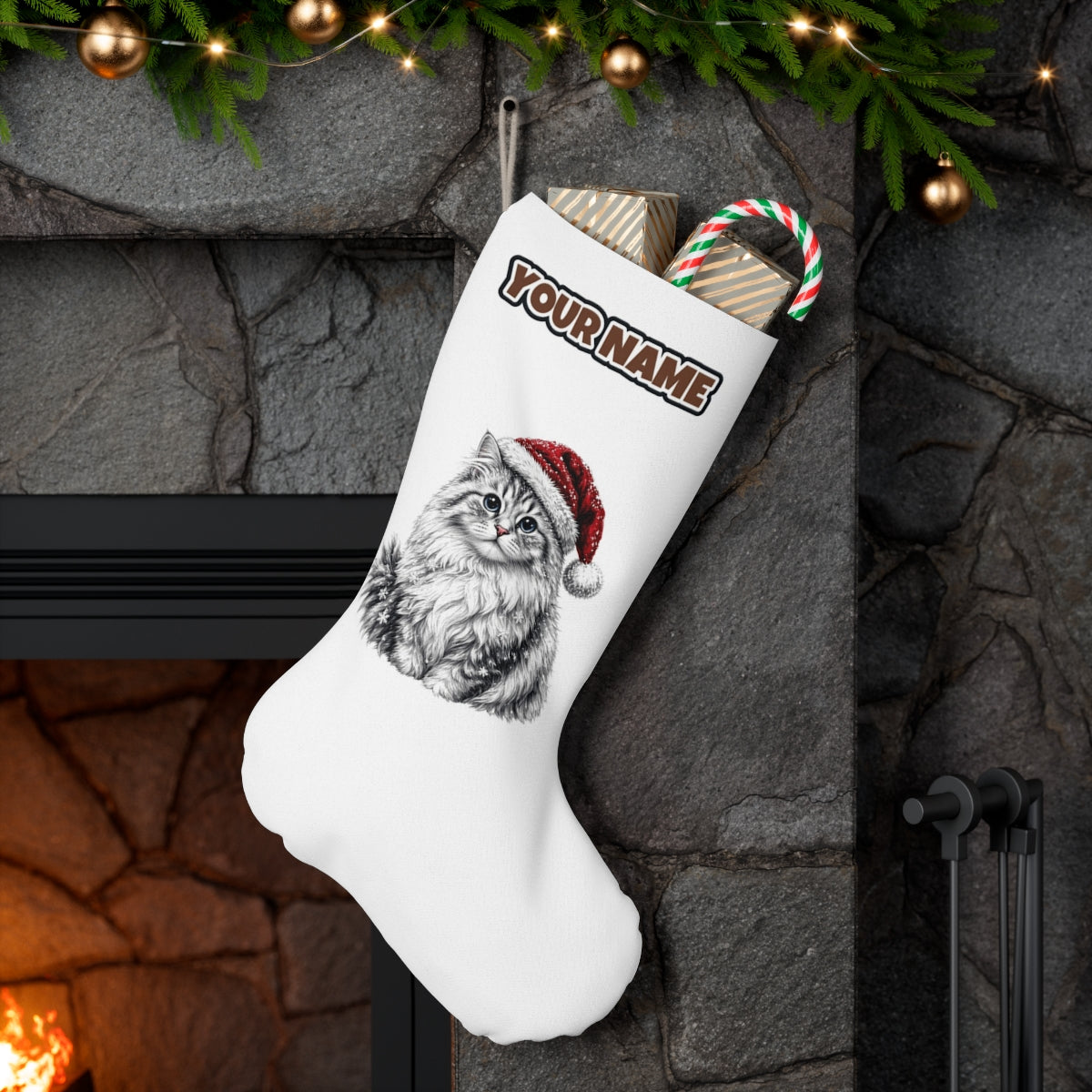 Siberian Cat personalised Christmas stocking hanging on a mantel