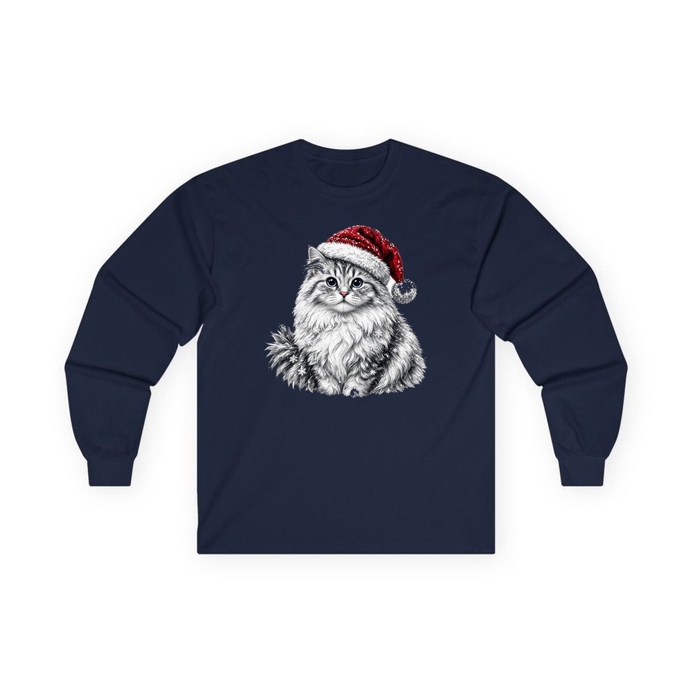 Siberian Cat personalised long sleeve Christmas T-shirt in navy